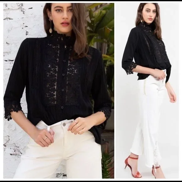 IVORY Floral Lace Mock Neck Blouse Flared Sleeves - Picture 7 of 14